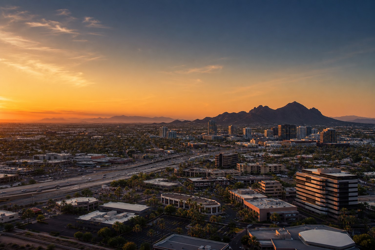 Phoenix metro Arizona commercial real estate skyline at golden hour