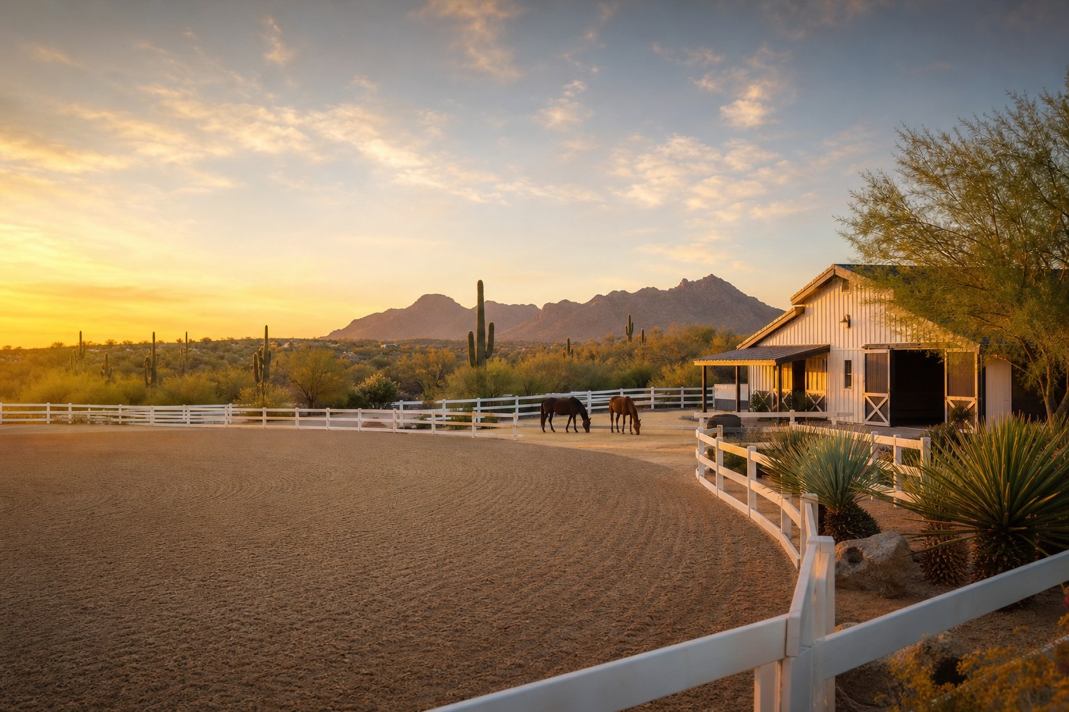 Arizona equestrian horse property with arena and barn at golden hour