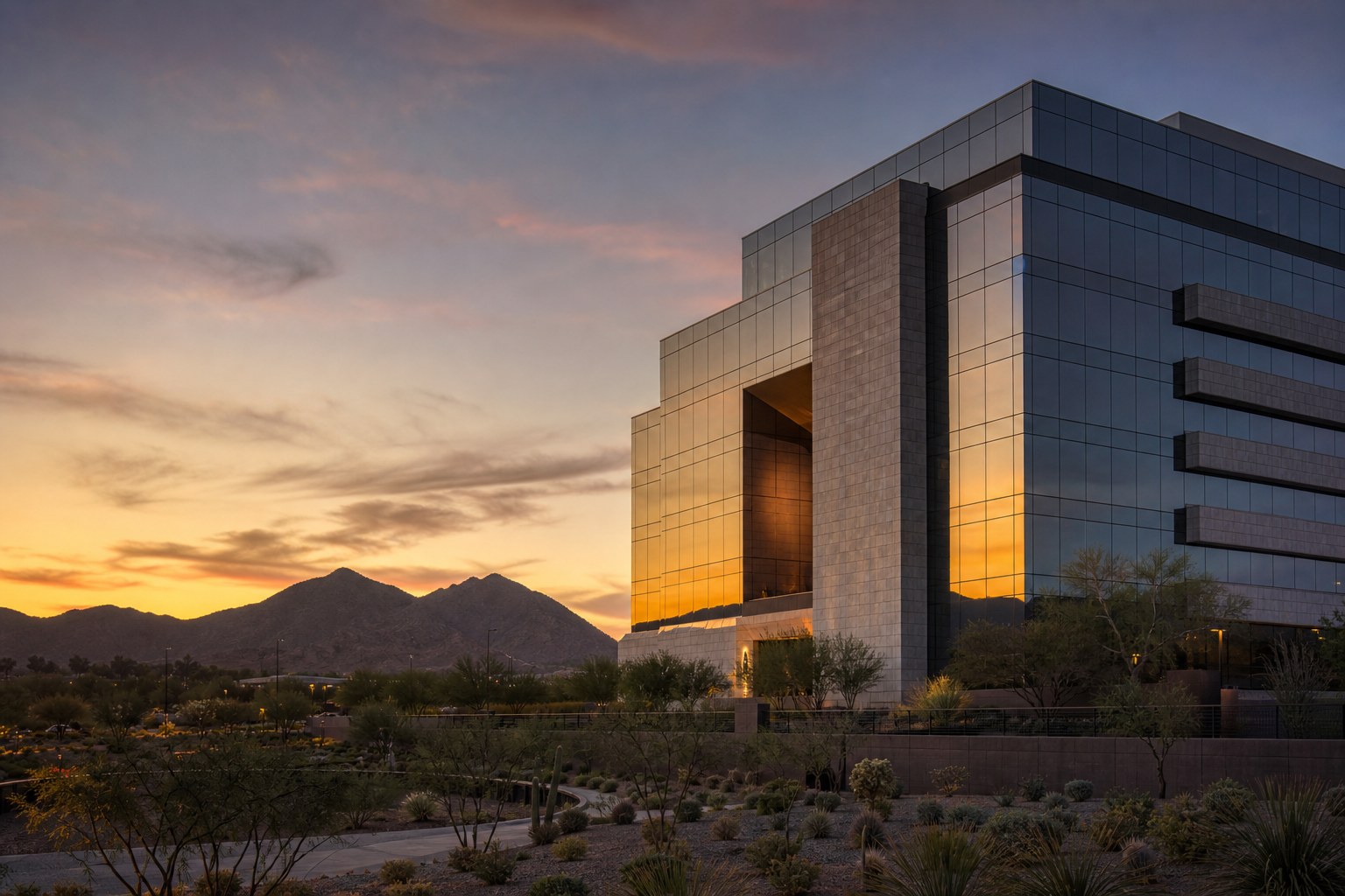 Phoenix Class A office tower with Camelback Mountain at sunset