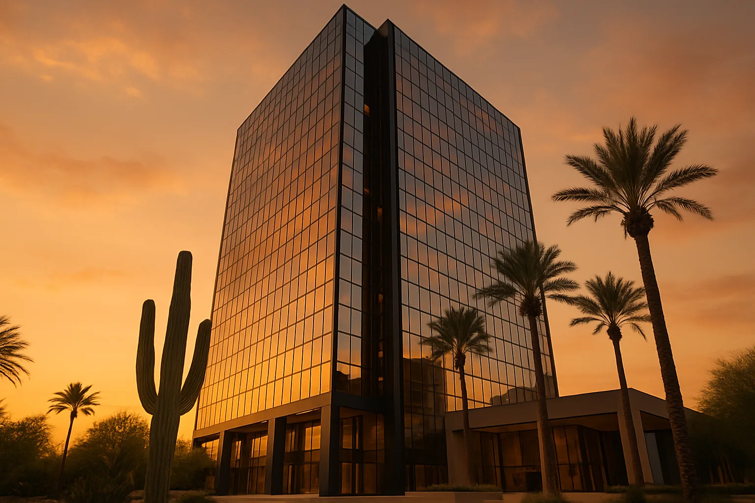 Phoenix Class A office tower at sunset